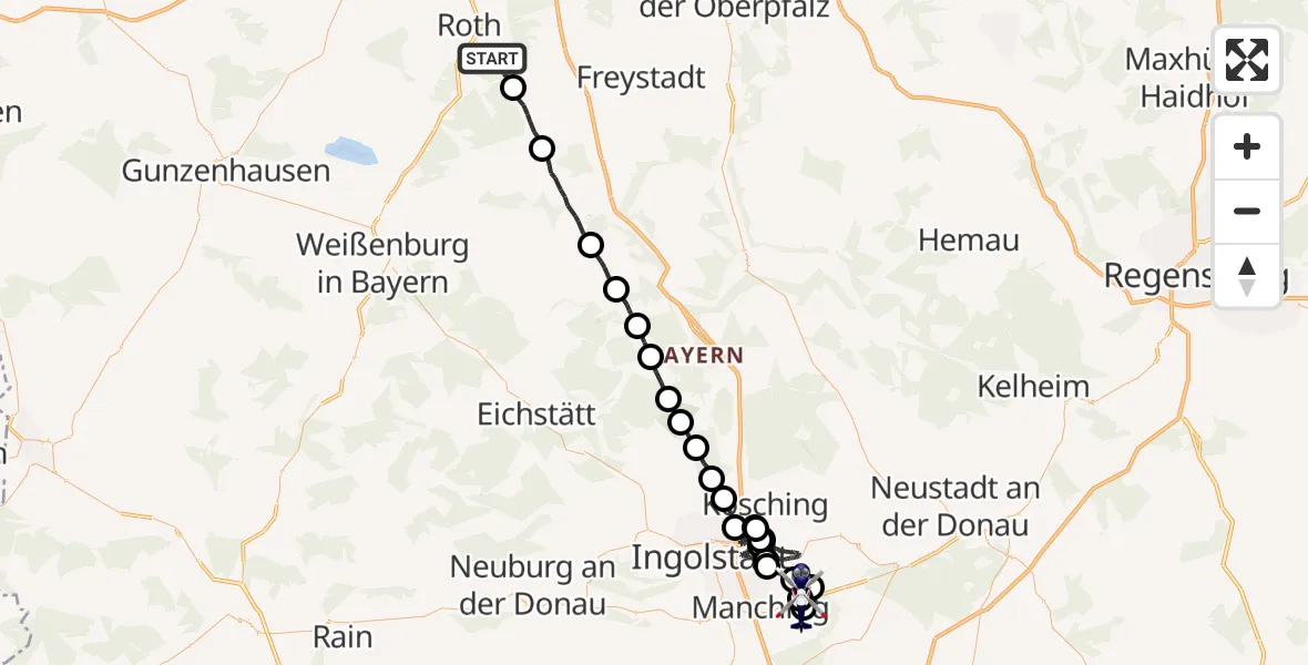 Flugroute Polizeihubschrauber Roth - Manching, 16 April 2026, 05:43