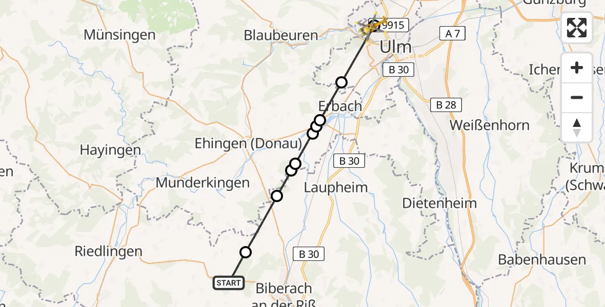 Flugroute Rettungshubschrauber Attenweiler - Ulm Military Hospital Emergency Hubschrauberlandeplatz, 16 April 2026, 05:47