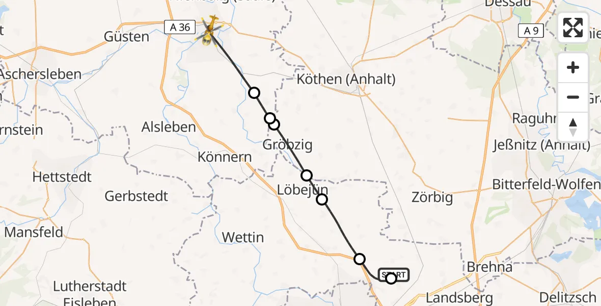 Flugroute Rettungshubschrauber Halle-Oppin Flugplatz - Bernburg (Saale), 16 April 2026, 05:49