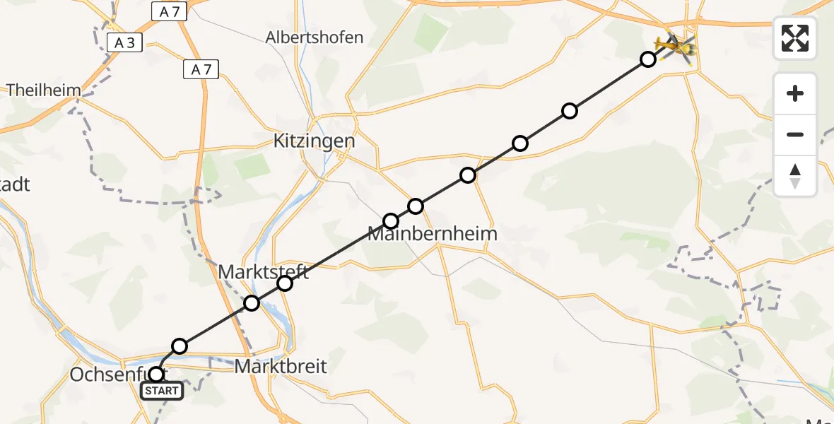 Flugroute Rettungshubschrauber Ochsenfurt Hospital - Rüdenhausen, 16 April 2026, 05:49
