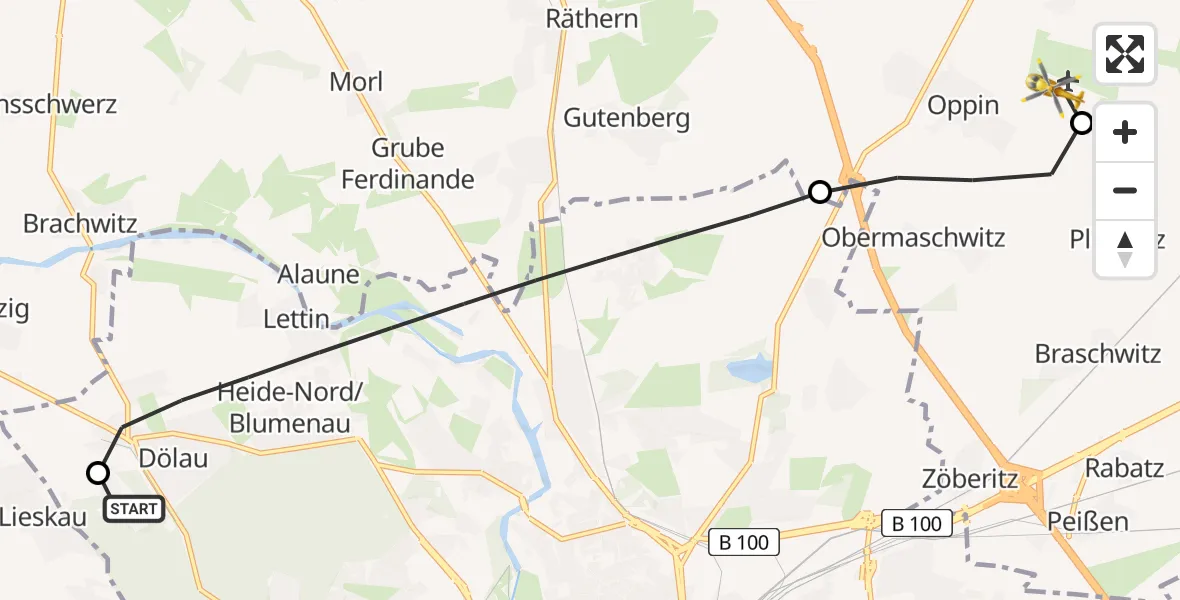 Flugroute Ambulanzhubschrauber Martha-Maria Halle-Dölau Hospital - Halle-Oppin Flugplatz, 16 April 2026, 05:57