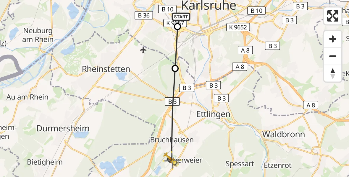 Flugroute Rettungshubschrauber Sankt Vincentius Hospital - Ettlingen, 16 April 2026, 06:29