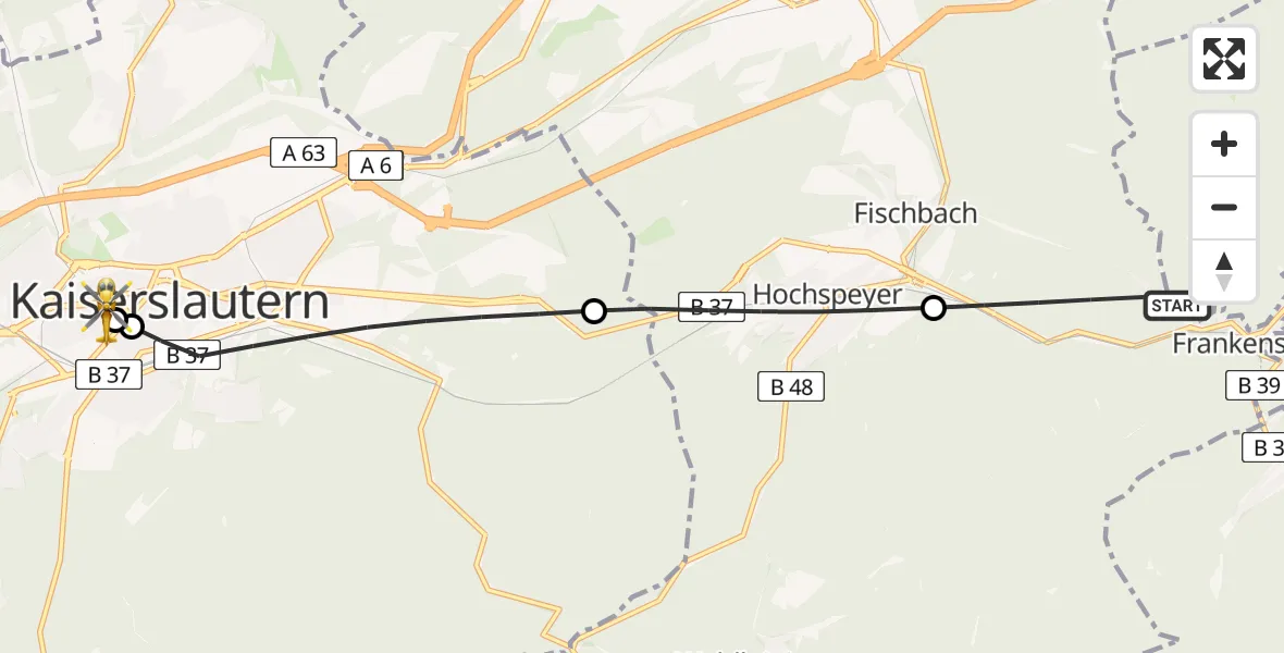 Flugroute Rettungshubschrauber Frankenstein - Westpfalz Hospital Kaiserslautern, 16 April 2026, 06:36