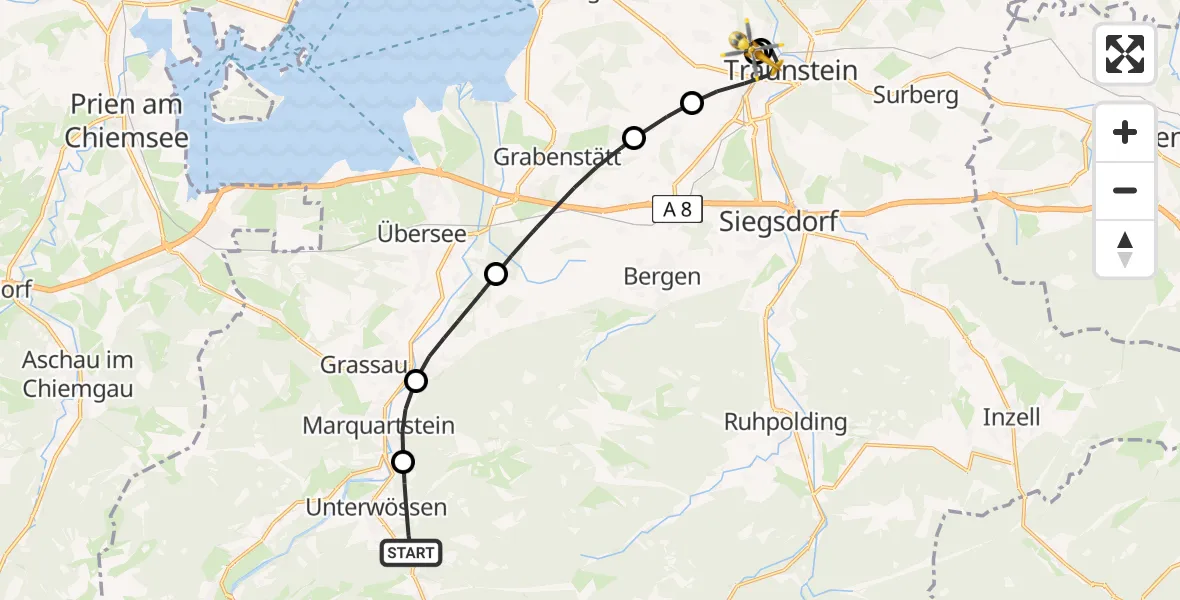 Flugroute Rettungshubschrauber Unterwössen - Traunstein Hospital, 16 April 2026, 06:38