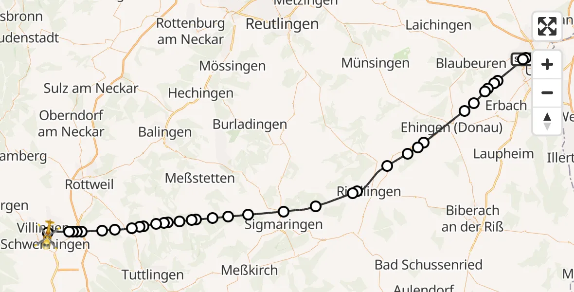 Flugroute Rettungshubschrauber Ulm Military Hospital Emergency - DRF Air Rescue Station Villingen-Schwenningen Hubschrauberlandeplatz (Christoph 11), 16 April 2026, 07:05