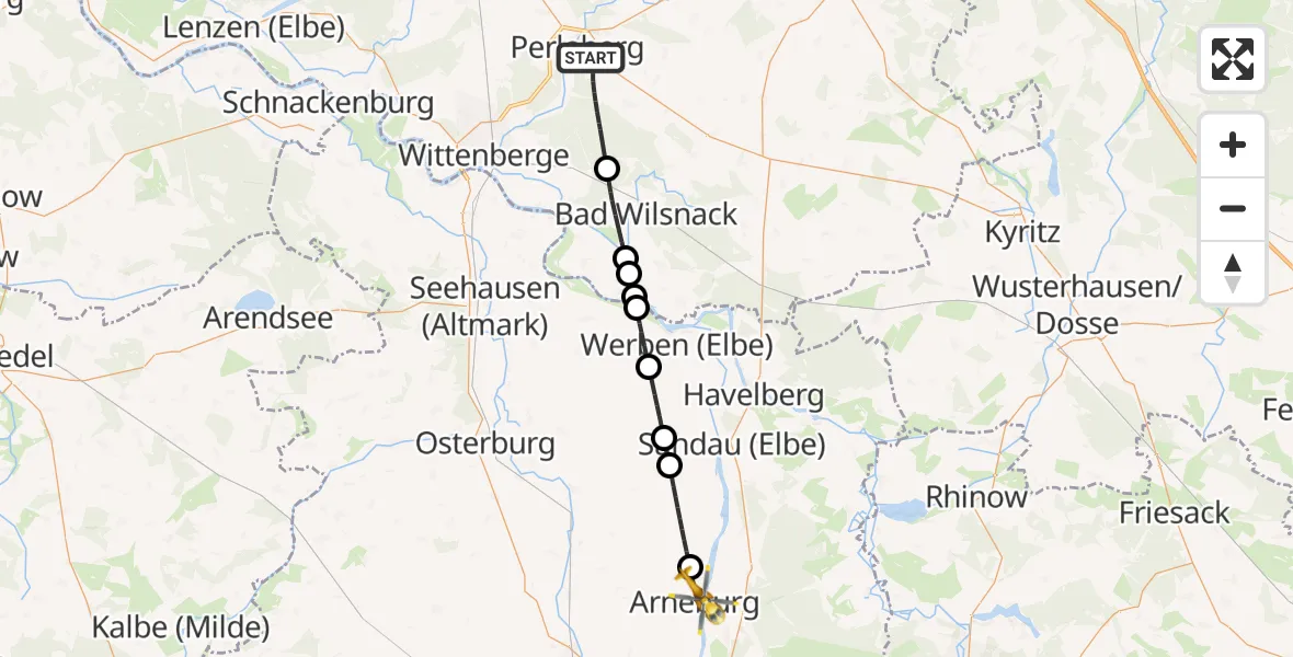Flugroute Rettungshubschrauber Perleberg - Arneburg, 16 April 2026, 07:05