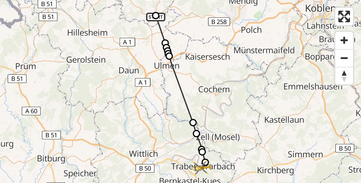 Flugroute Ambulanzhubschrauber Nürburgring Hubschrauberlandeplatz - Traben-Trarbach, 16 April 2026, 07:15