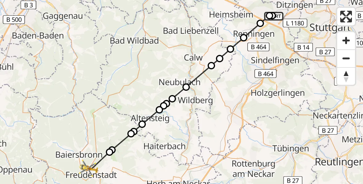 Flugroute Rettungshubschrauber Leonberg Hospital - Freudenstadt, 16 April 2026, 07:21