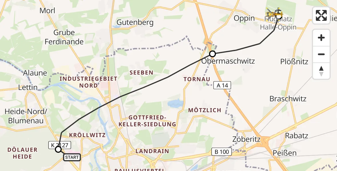 Flugroute Rettungshubschrauber Halle (Saale) University Hospital - Halle-Oppin Flugplatz, 16 April 2026, 07:22