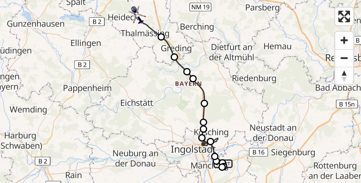 Flugroute Polizeihubschrauber Manching - Hilpoltstein, 16 April 2026, 07:30