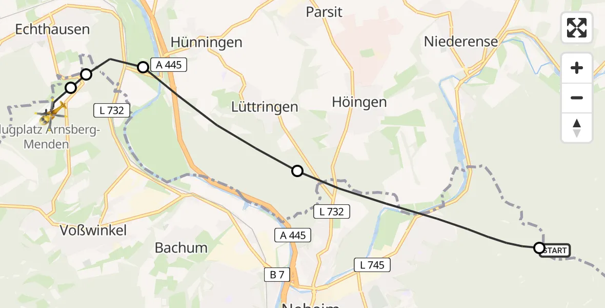 Flugroute Ambulanzhubschrauber Möhnesee - Arnsberg-Menden Flugplatz, 16 April 2026, 07:30
