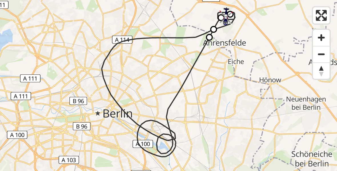 Flugroute Polizeihubschrauber Ahrensfelde Hubschrauberlandeplatz - Ahrensfelde Hubschrauberlandeplatz, 16 April 2026, 07:32