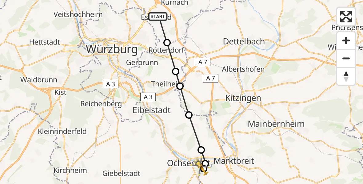 Flugroute Rettungshubschrauber Estenfeld - Ochsenfurt Hospital, 16 April 2026, 07:45