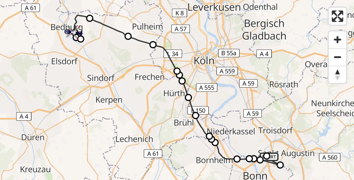 Flugroute Polizeihubschrauber Sankt Augustin - Bedburg, 16 April 2026, 07:50