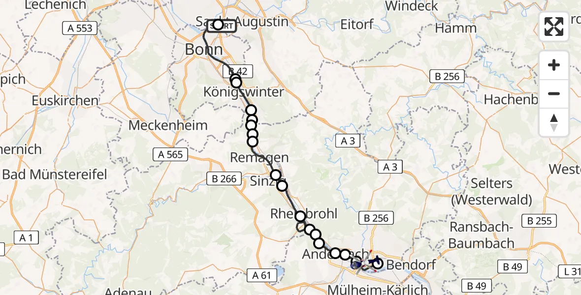 Flugroute Polizeihubschrauber Sankt Augustin - Neuwied, 16 April 2026, 07:50