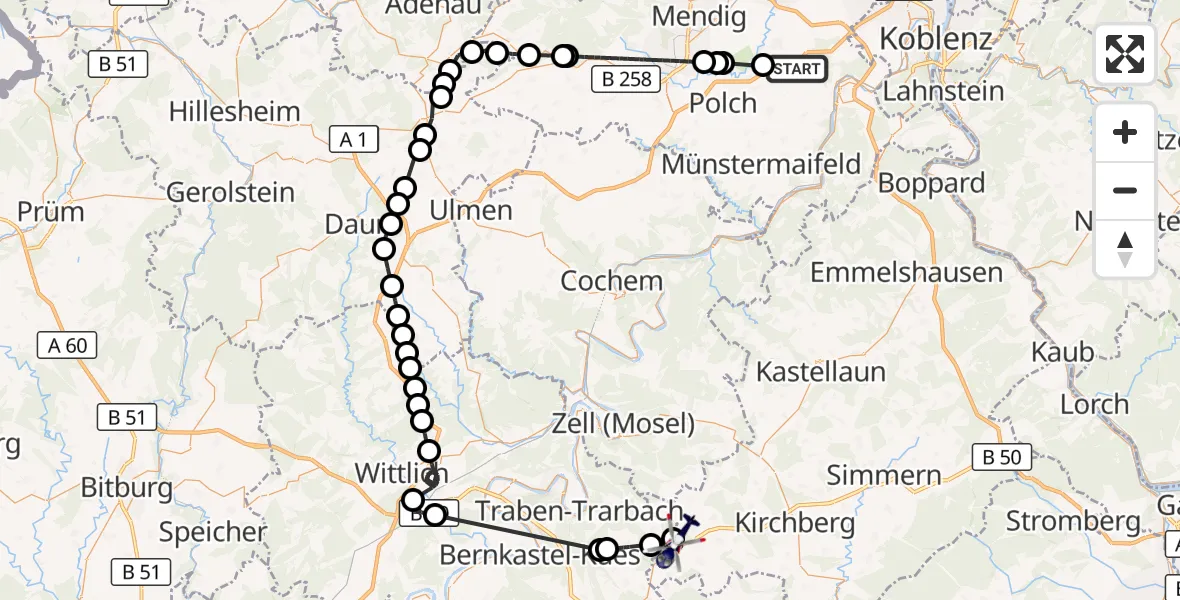 Flugroute Polizeihubschrauber Kobern-Gondorf - Büchenbeuren, 16 April 2026, 07:50