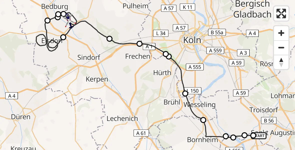 Flugroute Polizeihubschrauber Sankt Augustin - Bergheim, 16 April 2026, 07:53