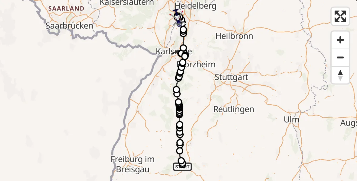Flugroute Polizeihubschrauber Donaueschingen-Villingen Flugplatz - Speyer Flugplatz, 16 April 2026, 07:56