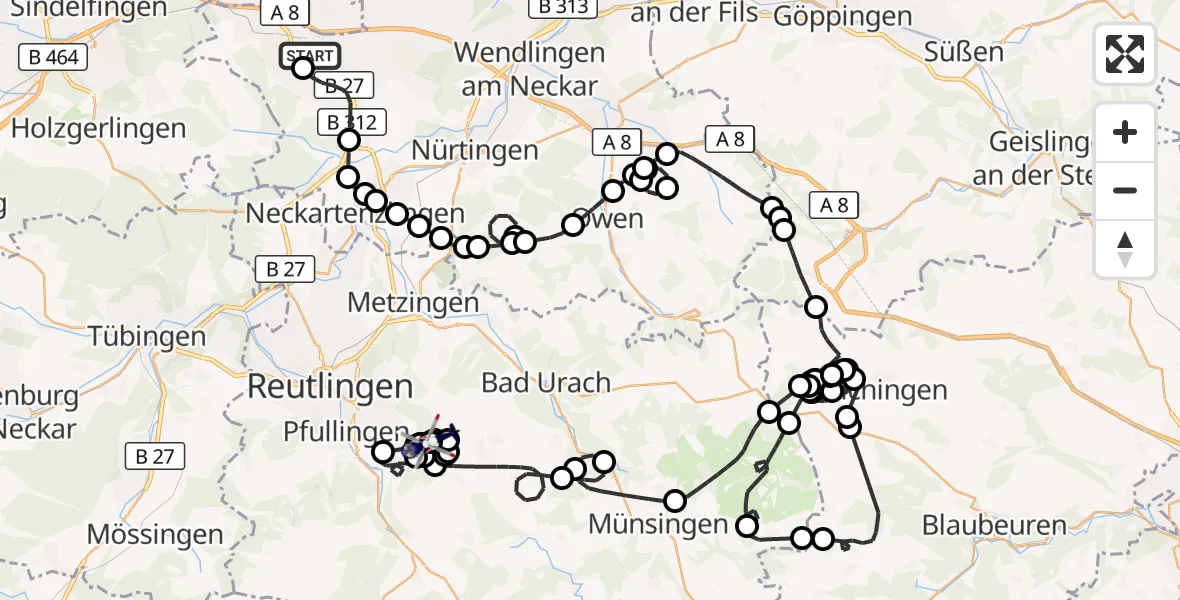 Flugroute Polizeihubschrauber Flughafen Stuttgart - Übersberg Flugplatz, 16 April 2026, 08:03