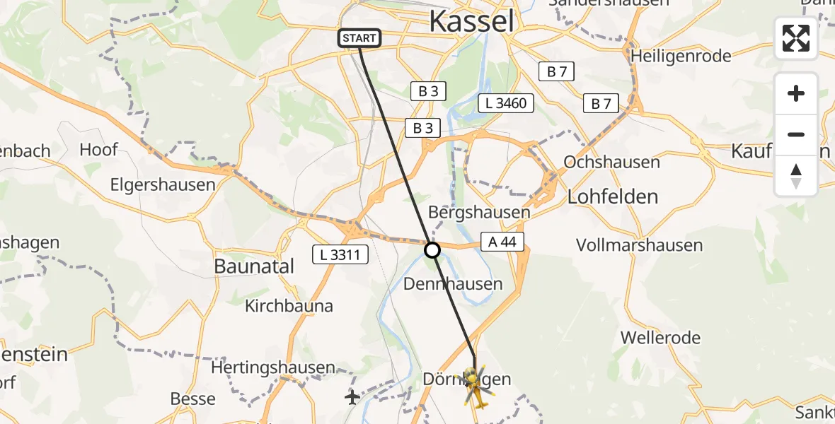 Flugroute Rettungshubschrauber Kassel - Fuldabrück, 16 April 2026, 08:06