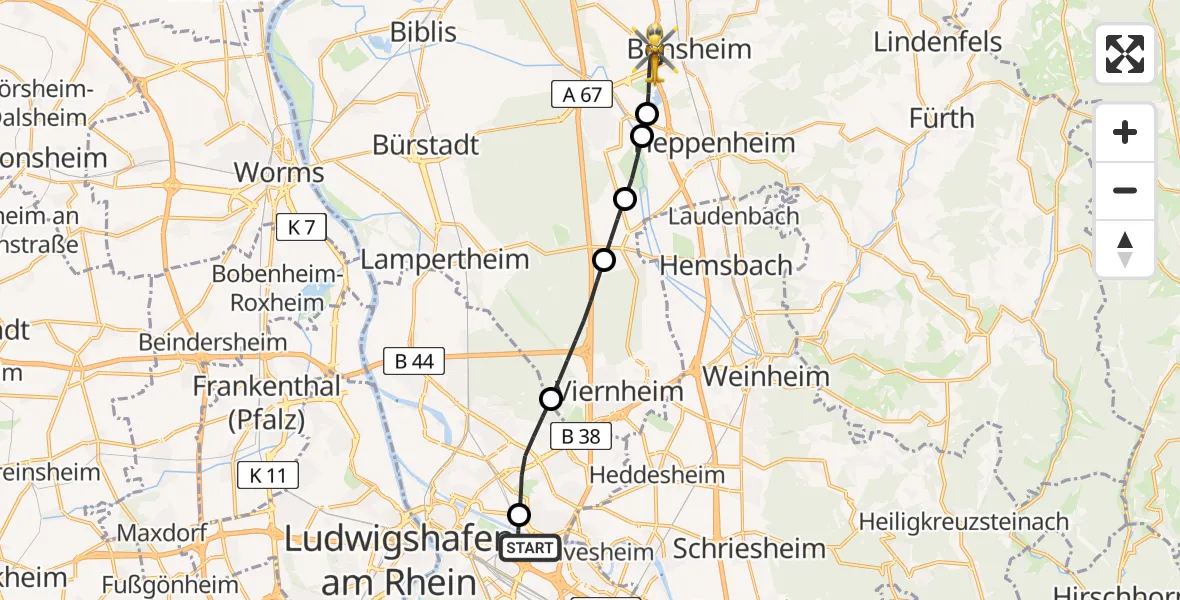 Flugroute Rettungshubschrauber Mannheim-City Flughafen - Bensheim, 16 April 2026, 08:11