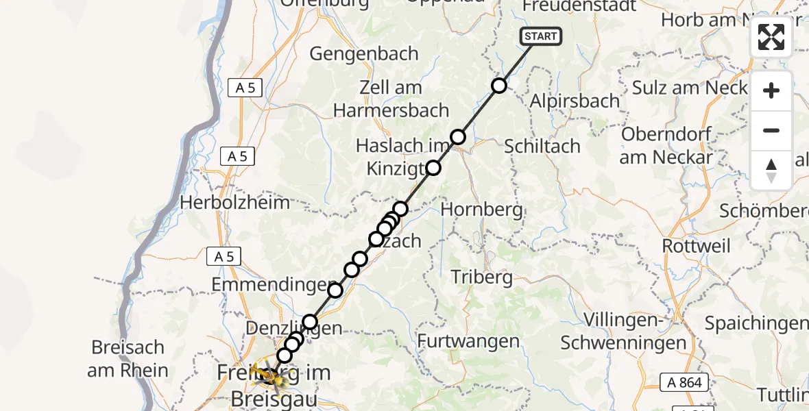 Flugroute Rettungshubschrauber Bad Rippoldsau-Schapbach - Freiburg University Hospital Heliport 2, 16 April 2026, 08:35