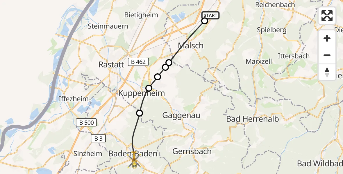 Flugroute Rettungshubschrauber Ettlingen - Baden-Baden, 16 April 2026, 08:41