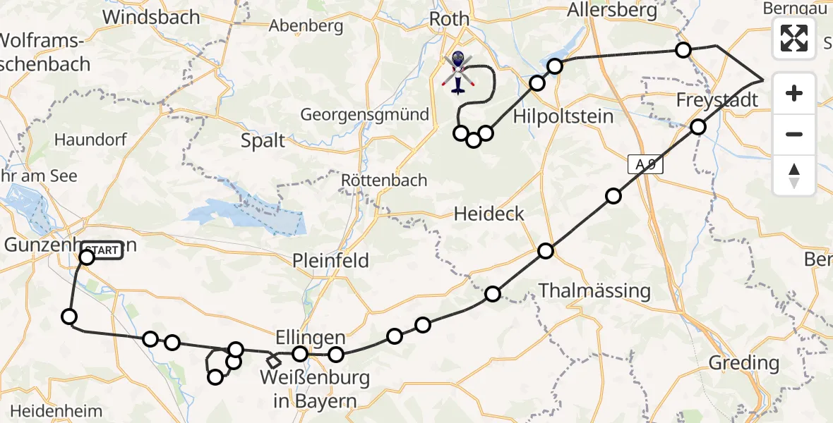 Flugroute Polizeihubschrauber Gunzenhausen-Reutberg Flugplatz - Flugplatz Roth, 16 April 2026, 08:53