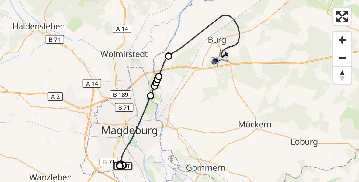 Flugroute Polizeihubschrauber Magdeburg City Flugplatz - Burg, 16 April 2026, 08:54