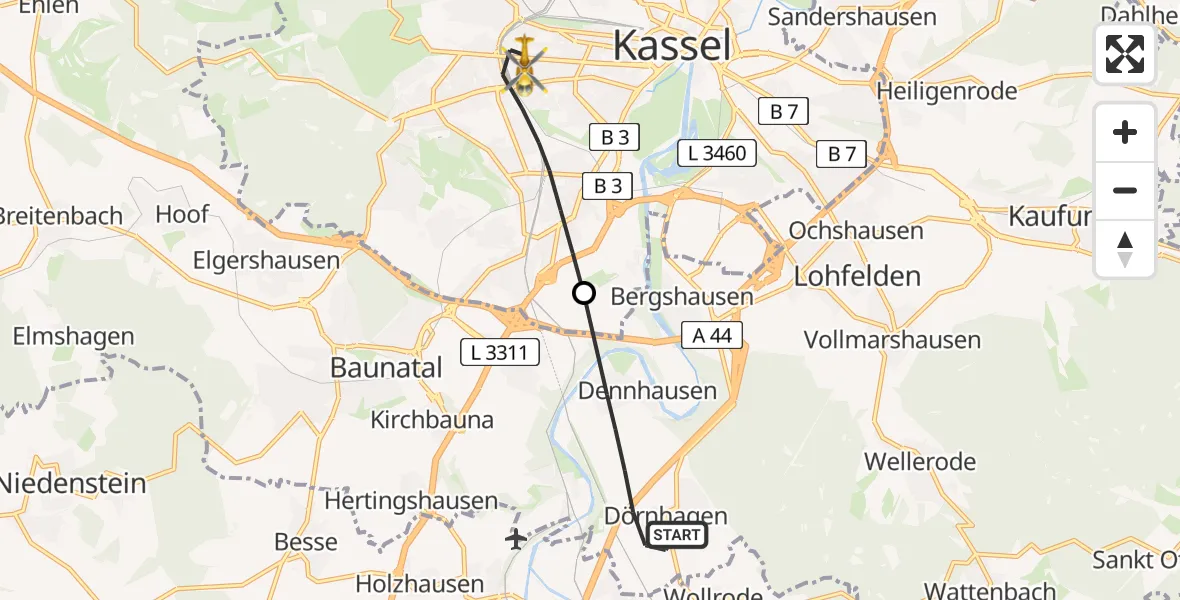 Flugroute Rettungshubschrauber Fuldabrück - Kassel, 16 April 2026, 08:56