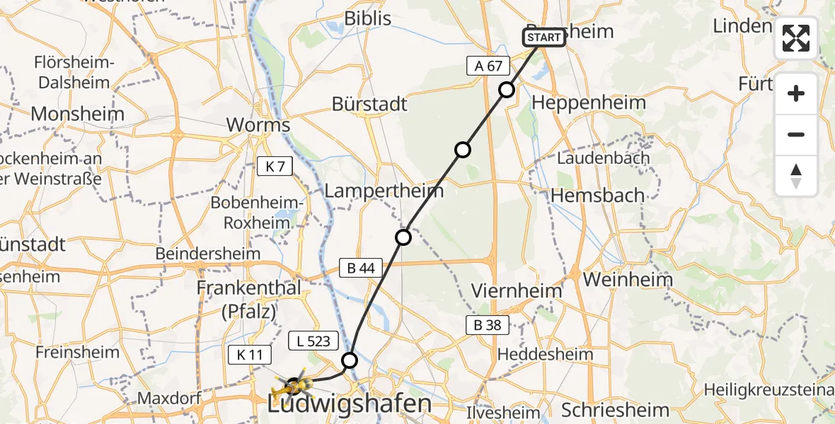 Flugroute Rettungshubschrauber Bensheim - Ludwigshafen Accident Hospital, 16 April 2026, 08:57
