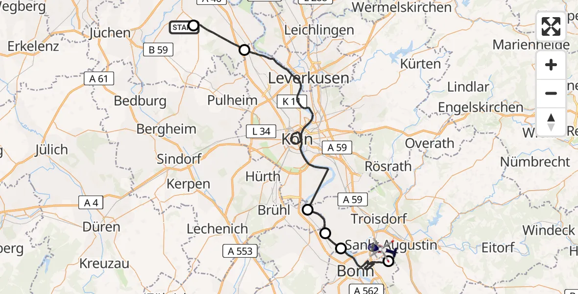 Flugroute Polizeihubschrauber Grevenbroich - Sankt Augustin, 16 April 2026, 09:02