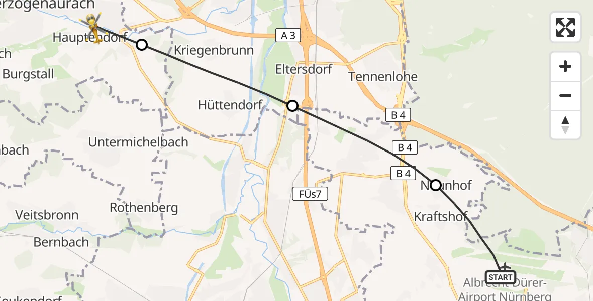 Flugroute Rettungshubschrauber Flughafen Nuremberg - Herzogenaurach, 16 April 2026, 09:12