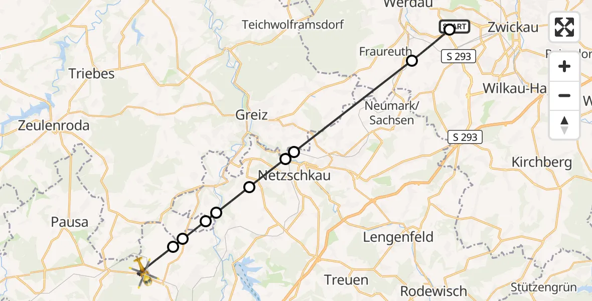 Flugroute Rettungshubschrauber ADAC Air Rescue Station Zwickau Hubschrauberlandeplatz - Rosenbach/Vogtl., 16 April 2026, 09:17