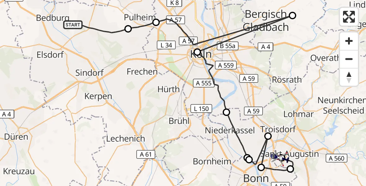 Flugroute Polizeihubschrauber Bergheim - Bonn-Hangelar Flugplatz, 16 April 2026, 09:24