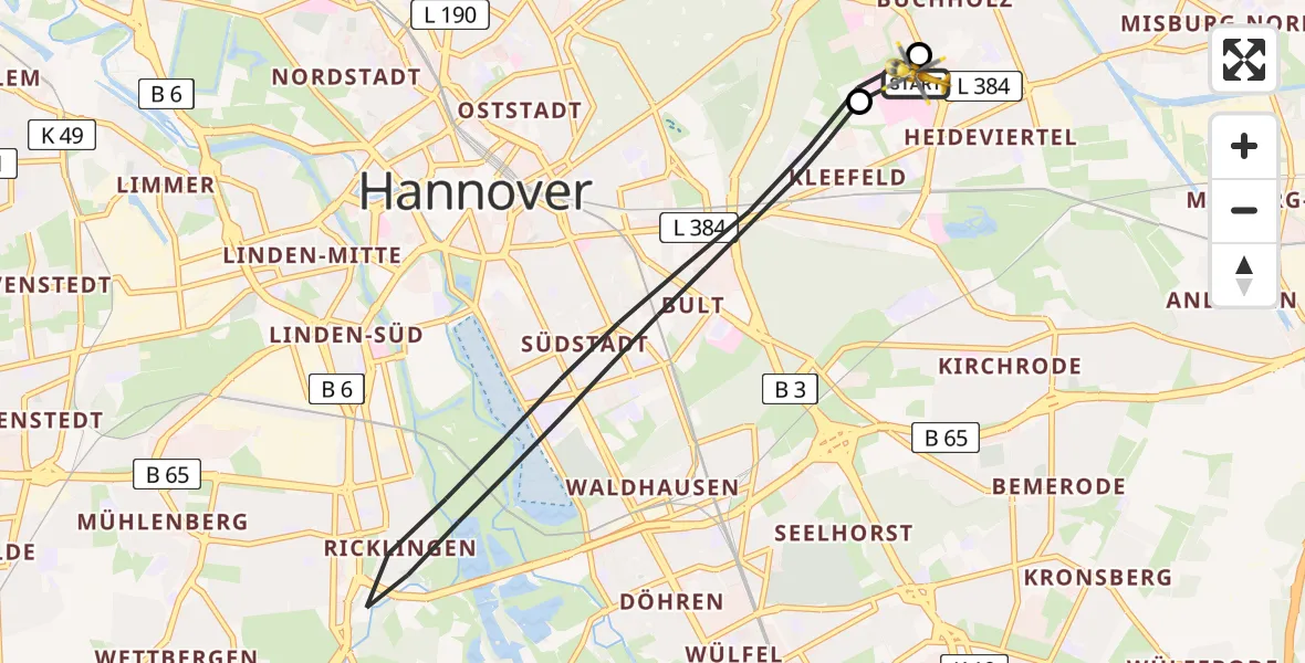 Flugroute Rettungshubschrauber Hannover Luftrettung Hubschrauberlandeplatz (Christoph 4) - Hannover Luftrettung Hubschrauberlandeplatz (Christoph 4), 16 April 2026, 09:31
