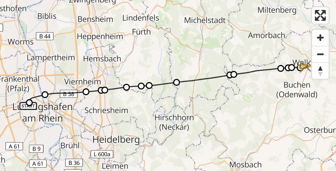 Flugroute Rettungshubschrauber Ludwigshafen Accident Hospital - Walldürn, 16 April 2026, 09:37