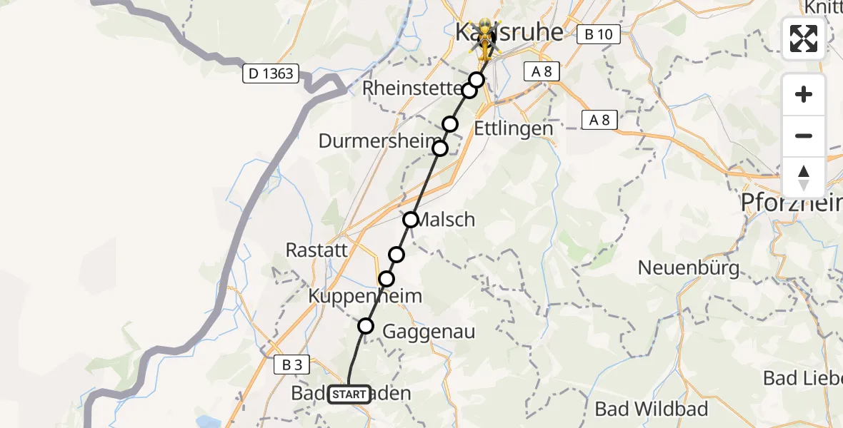 Flugroute Rettungshubschrauber Baden-Baden - Sankt Vincentius Hospital, 16 April 2026, 09:37