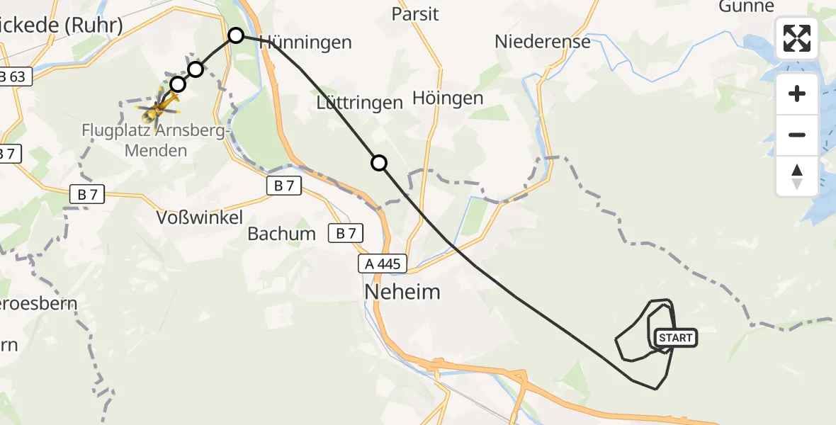 Flugroute Ambulanzhubschrauber Arnsberg - Arnsberg-Menden Flugplatz, 16 April 2026, 10:01