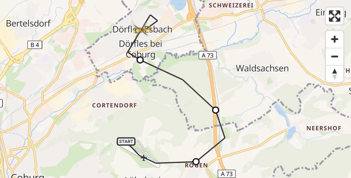 Flugroute Rettungshubschrauber Coburg-Brandensteinsebene Flugplatz - Dörfles-Esbach, 16 April 2026, 10:03