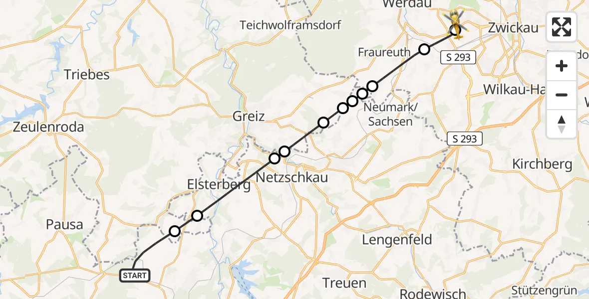 Flugroute Rettungshubschrauber Rosenbach/Vogtl. - ADAC Air Rescue Station Zwickau Hubschrauberlandeplatz, 16 April 2026, 10:05