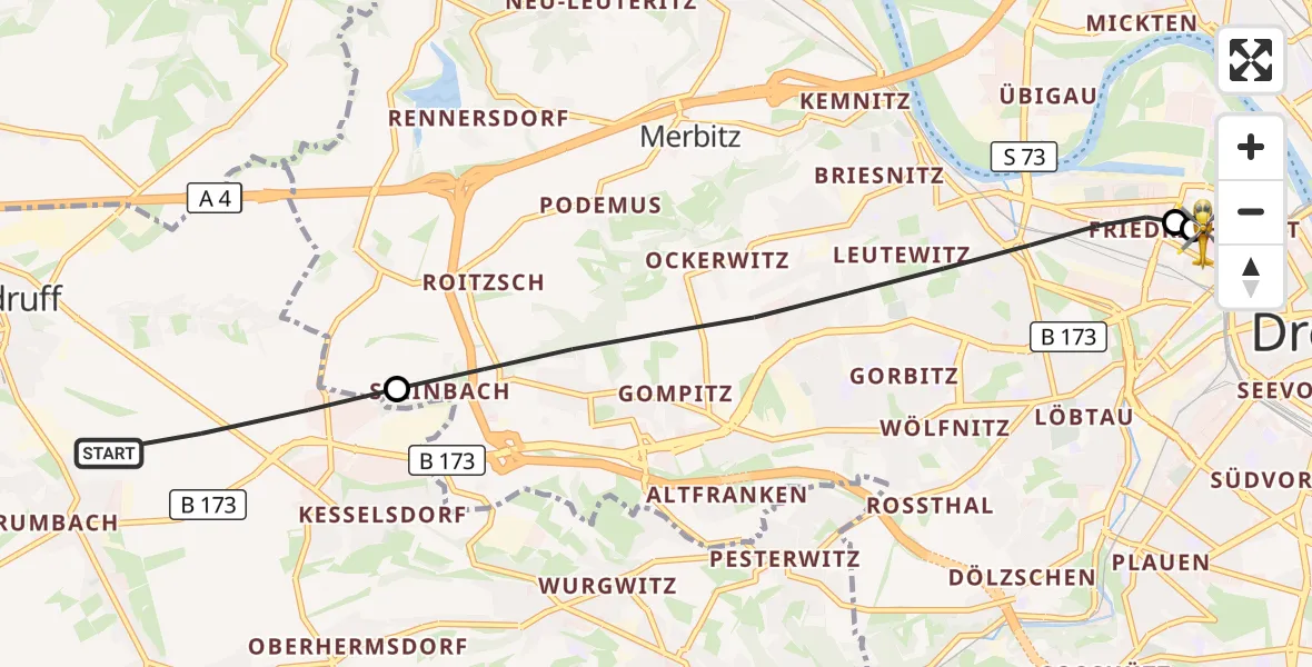 Flugroute Rettungshubschrauber Wilsdruff - Dresden Friedrichstadt Hospital, 16 April 2026, 10:22