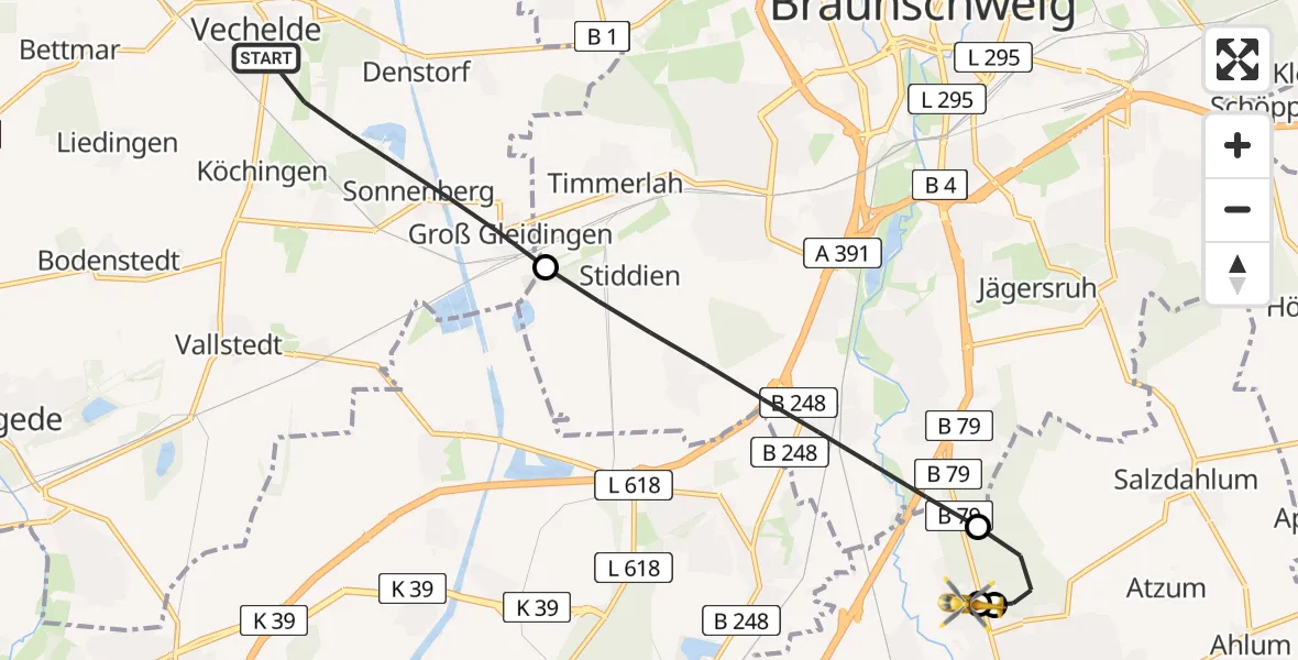 Flugroute Rettungshubschrauber Vechelde - Wolfenbüttel Municipal Hospital Heliport (Christoph 30), 16 April 2026, 10:34
