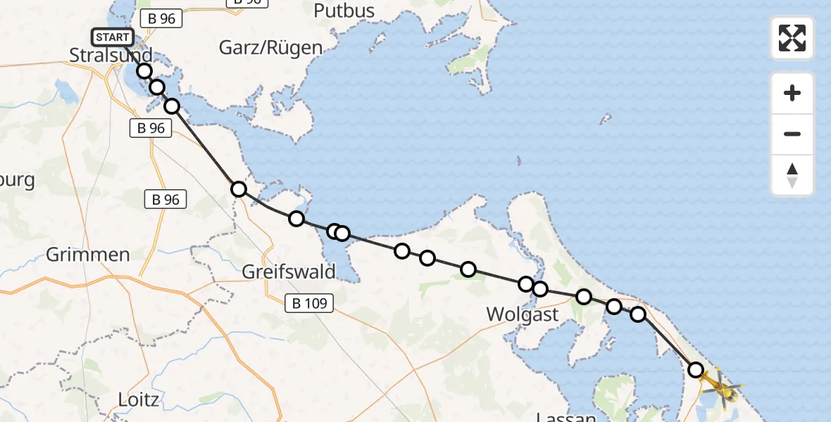 Flugroute Rettungshubschrauber Stralsund - Heringsdorf, 16 April 2026, 10:35