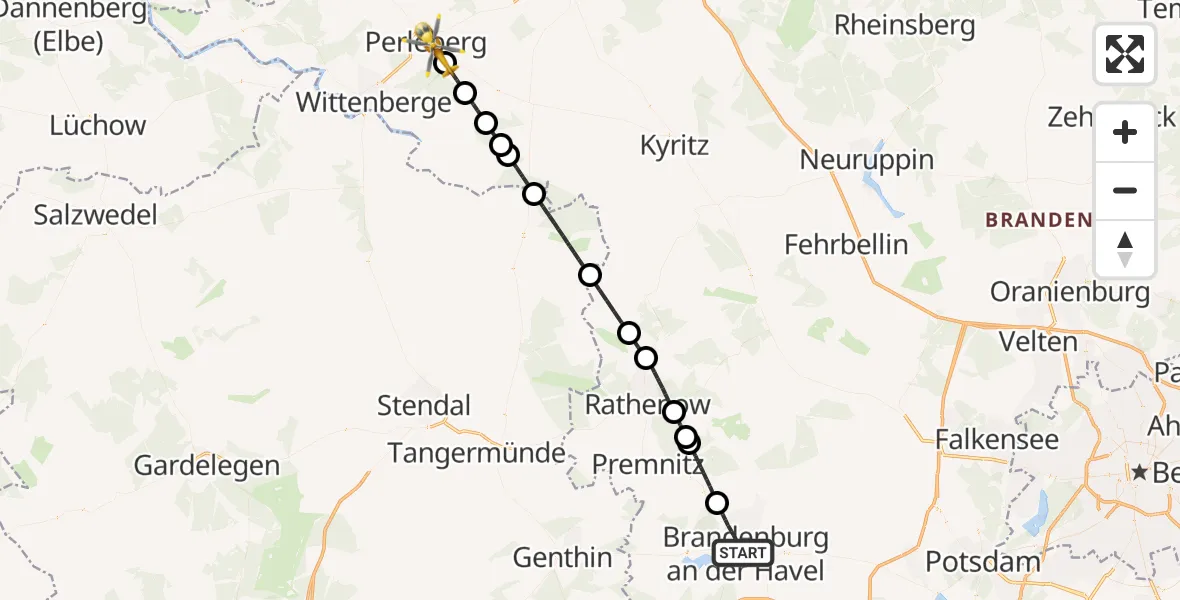 Flugroute Rettungshubschrauber Brandenburg an der Havel - Perleberg, 16 April 2026, 10:43