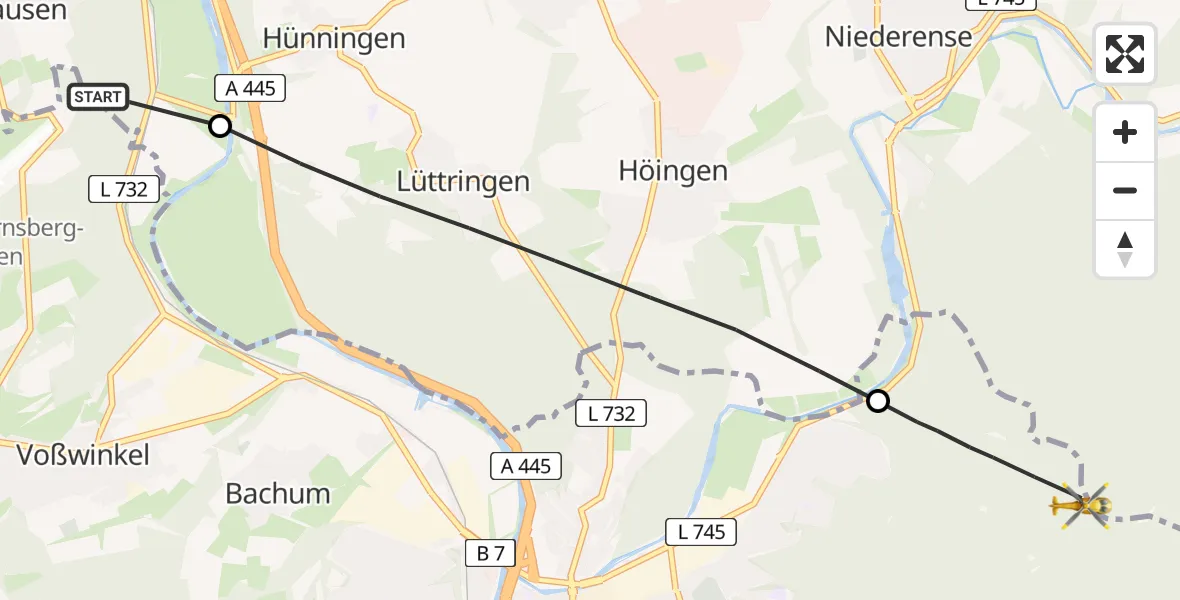 Flugroute Ambulanzhubschrauber Wickede (Ruhr) - Arnsberg, 16 April 2026, 10:45