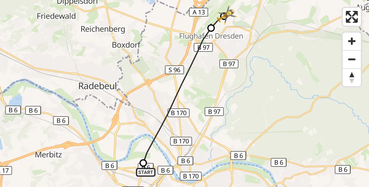 Flugroute Rettungshubschrauber Dresden Friedrichstadt Hospital - Dresden Bundespolizei Hubschrauberlandeplatz, 16 April 2026, 10:46