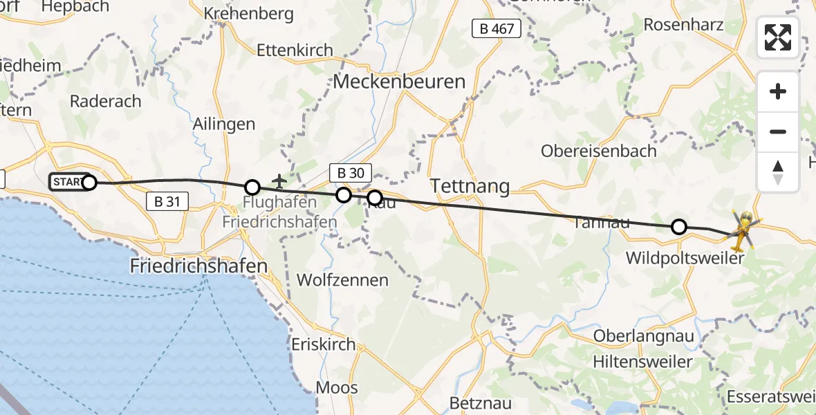 Flugroute Rettungshubschrauber Friedrichshafen Hospital - Neukirch, 16 April 2026, 11:01