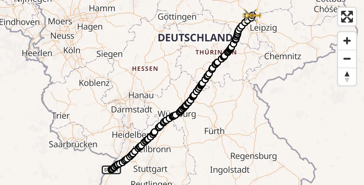 Flugroute Rettungshubschrauber Karlsruhe Baden-Baden Flughafen - Halle-Oppin Flugplatz, 16 April 2026, 11:14