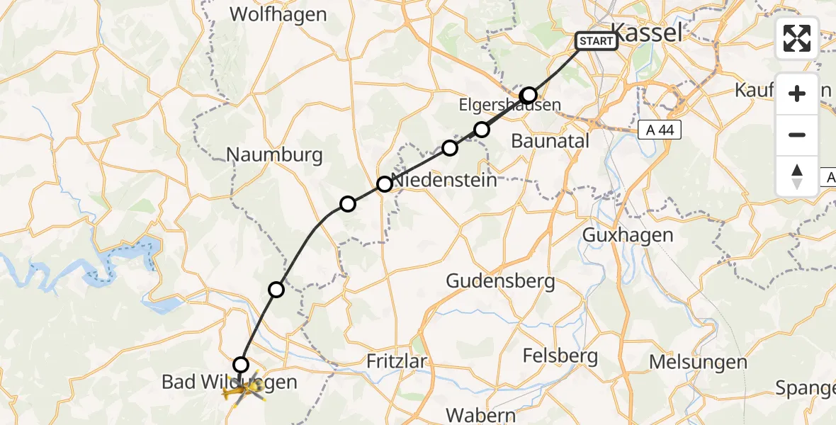 Flugroute Rettungshubschrauber Kassel - Bad Wildungen, 16 April 2026, 11:19